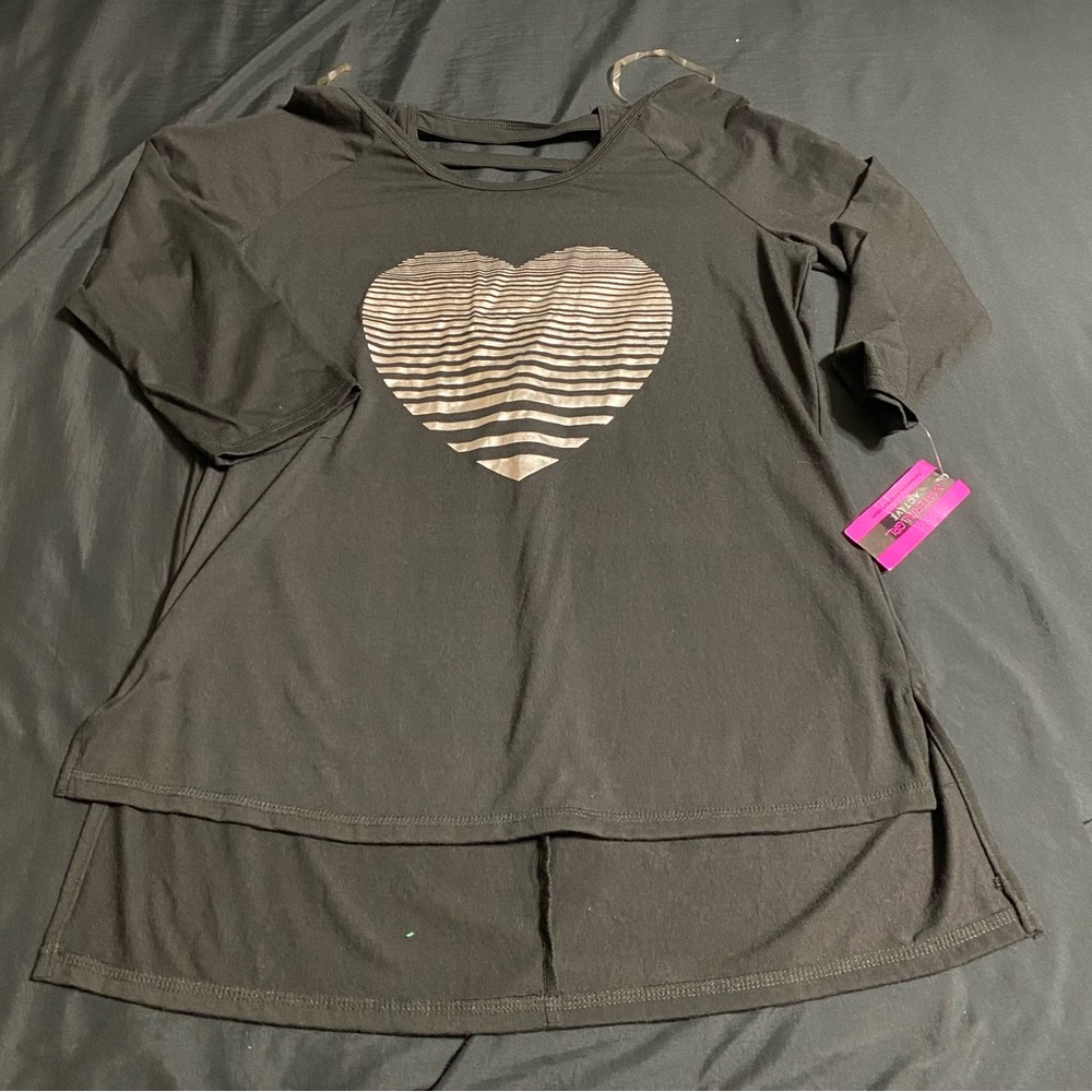 Material Girl Active Black with Silver Heart Strappy Back Top in L NWT